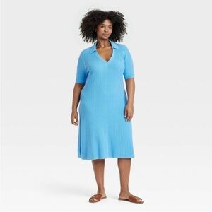 Ava & Viv Ribbed Collared Short Sleeve Blue Midi Dress Size XXL